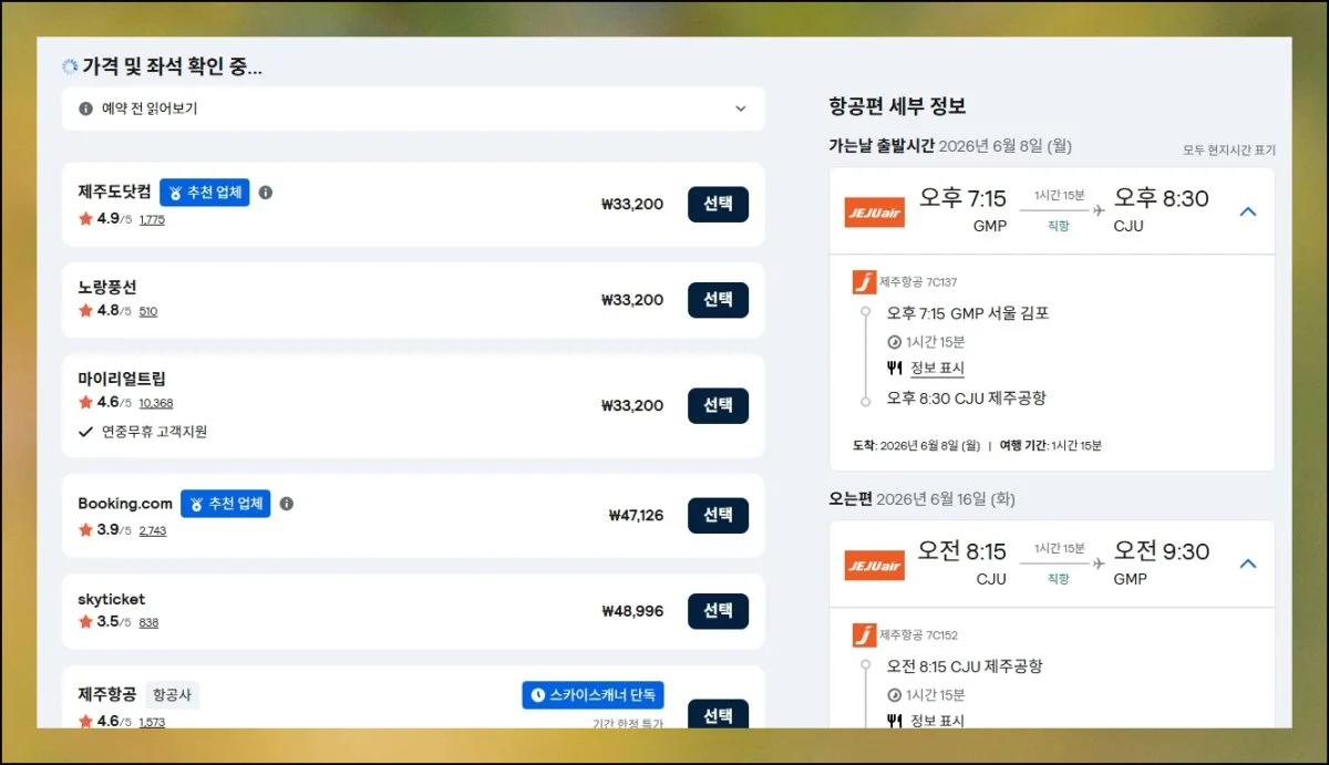 결제까지 마무리하기 | 원하는 스케줄을 확정하면 예약 가능한 대행사 리스트가 화면에 뜹니다.